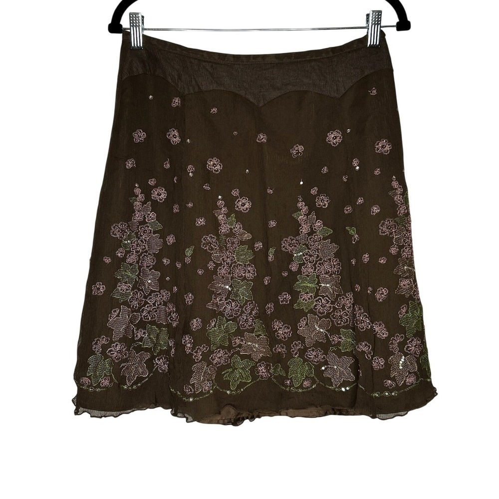Anne Carson Vtg Y2K Brown Silk Chiffon Skirt 4 A-Line Beaded Whimsigoth Fairy